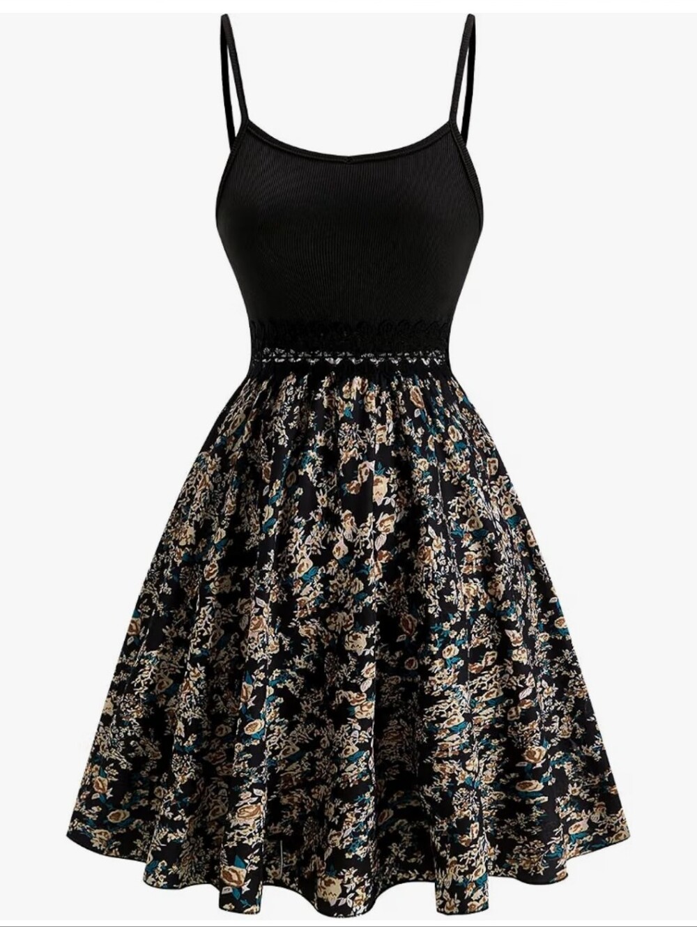 Black Floral A-Line Spaghetti Strap Dress